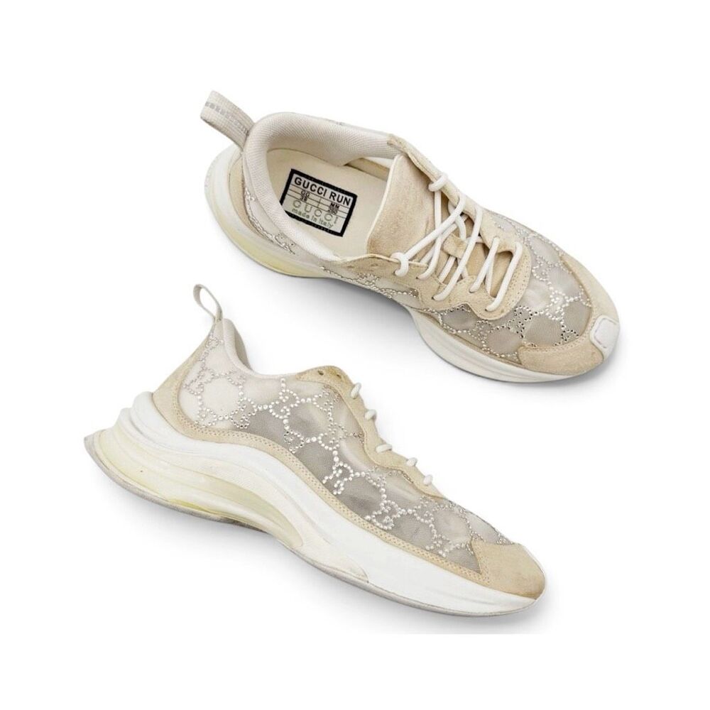 GUCCI Crystal GG Logo Mesh Run Sneakers Size 38 US 8 Low Top Lace Up Monogram
